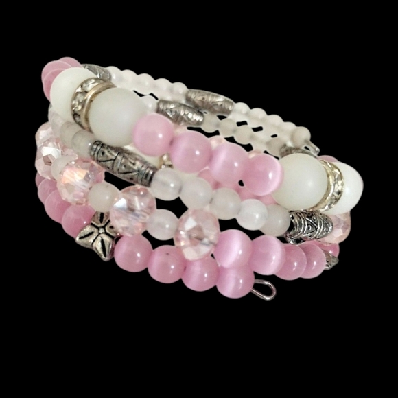 Pink Cat's Eye and White Jade Beaded Wrap Bracelet - Picture 1 of 3